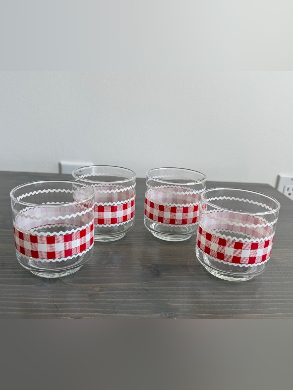 4 x vintage Libby red county gingham glasses